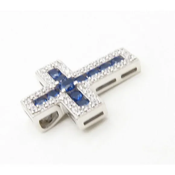 925 Sterling Silver - Shiny Blue & White Topaz Religious Cross Pendant - PT13102 - Picture 3 of 5